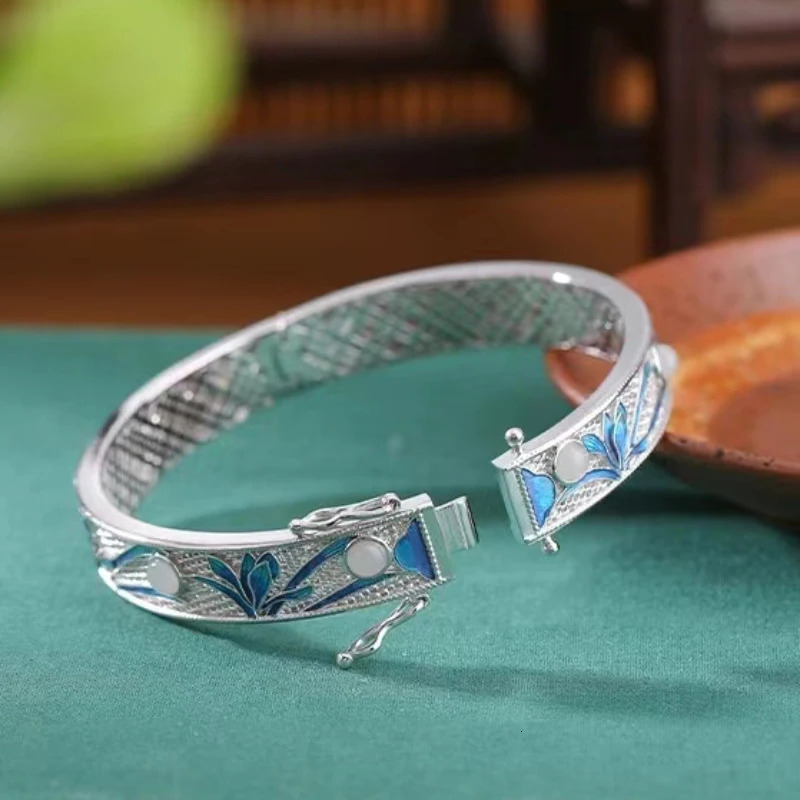 silver 925 Natural an Jade Magnolia Bracelet for women National Style Blue Hollow out Classical bangles Fresh Charm Jewelry 250716