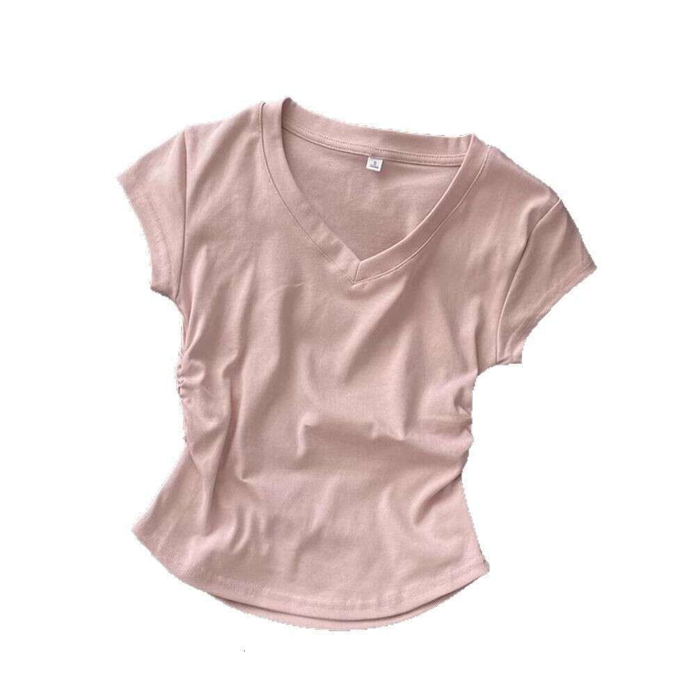 92 Cotton Blue Regular Shoulder Sleeve T-Shirt Women's Summer Slim Fit Stylish Pleated Waist Short Top