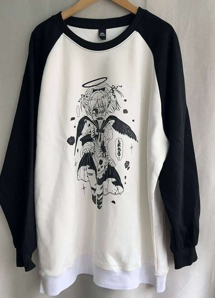 Patchwork Contrast Color Cartoon Print Hoodies Vintage Casual Women Y2k Aesthetic Tops Haruku Grunge Oversized Sweatshirts