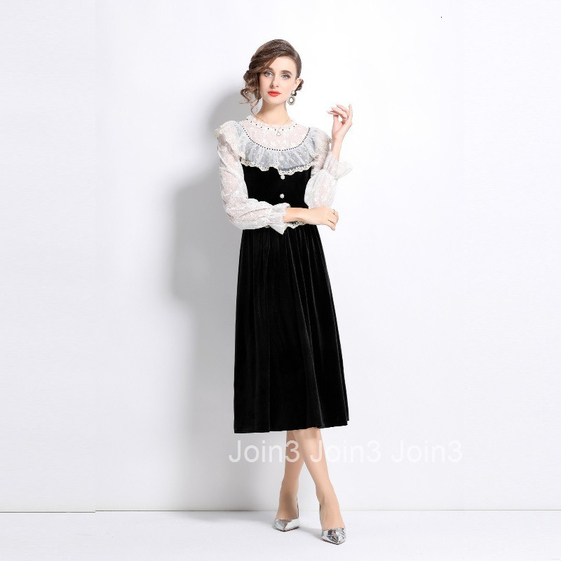 8039 Autumn/Winter New Womens Lace Edge Black Velvet Dress with Sweet Waist and Trumpet Sleeve Skirt