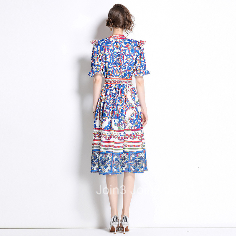 8753 Fashion Elegance Style Stand Collar Single-Breasted Blue and White Porcelain Print Dress