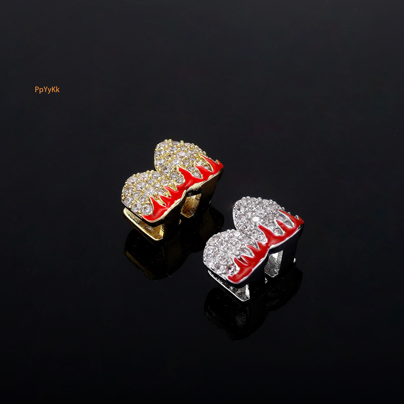 New Single/Double Flame Pattern Full Iced Out Gold Teeth Halloween Hot Cosplay Versatile Tooth Grillz