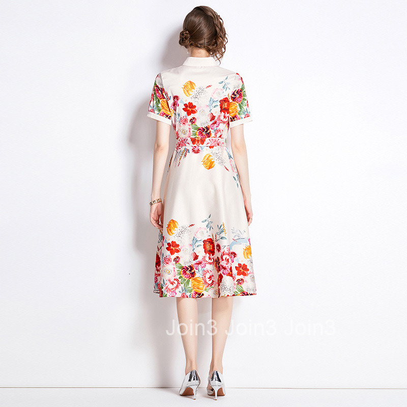 6051 Summer New Womens Fashion Printed Waist-Cinching Turn-Down Collar Short Sleeve Dress (With Belt)