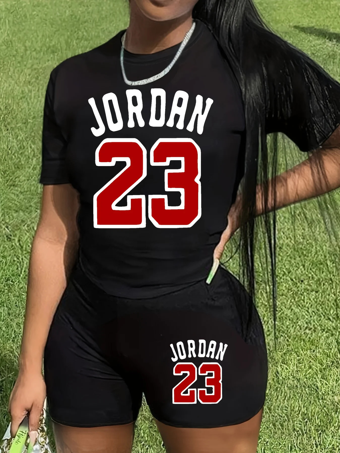 Womens summer Number 23 print loose size casual round neck short sleeved Tshirt shorts twopiece set 250717