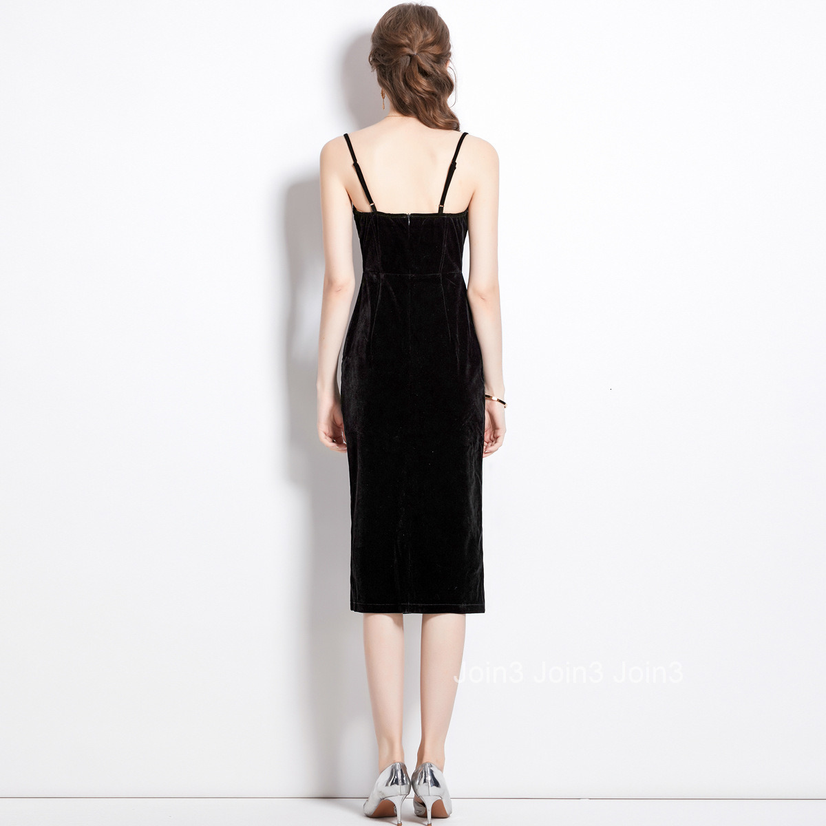 822 autumn new womens style velvet suspender dress with slit and slim fit mid length skirt