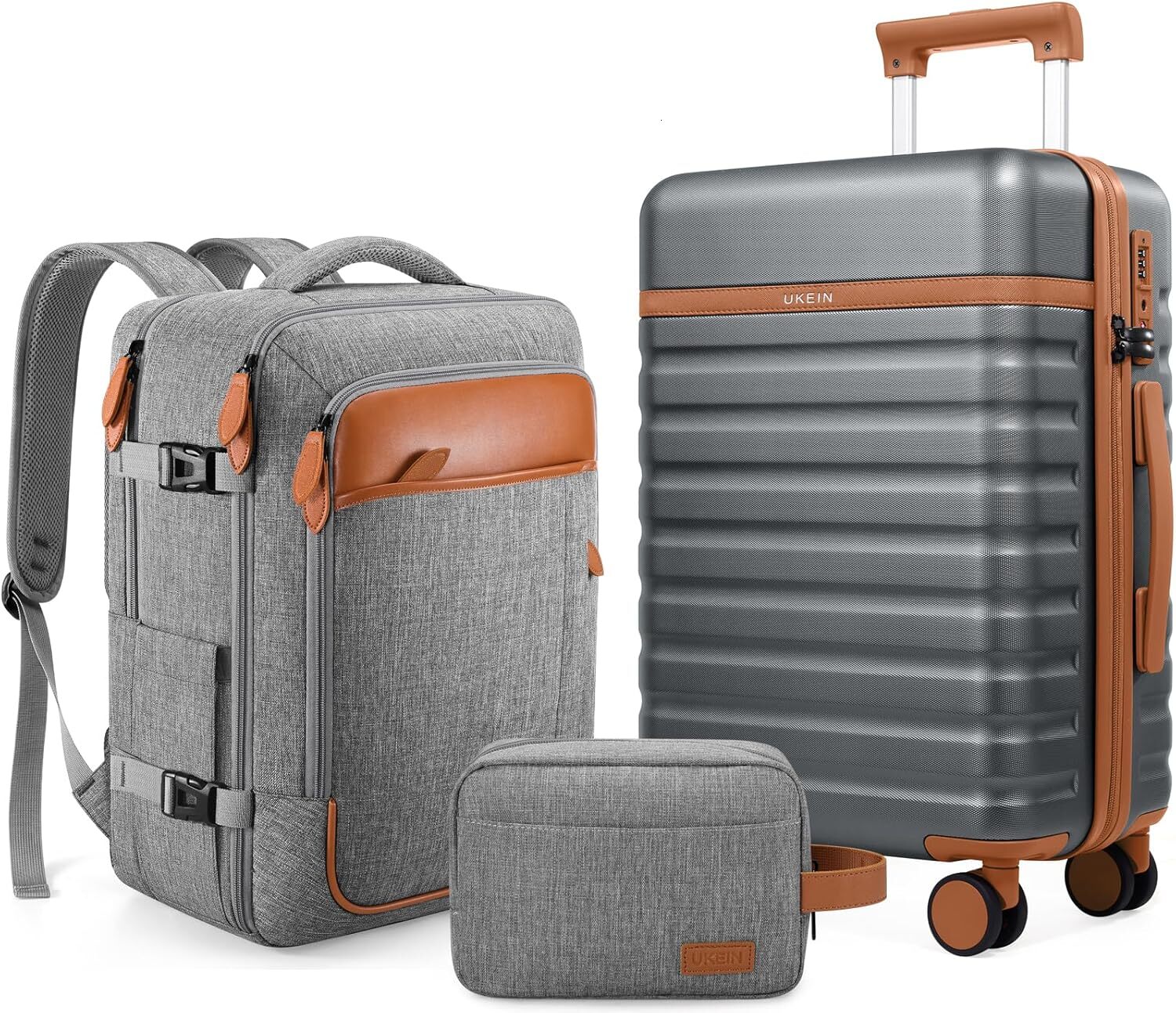 UKEIN Sets Piece Lage 20 Inch Spinner Wheels PC Hardside Set with TSA Lock Durable Carry On Suitcase With Travel designer bag Backpack for Men Grey 3 
