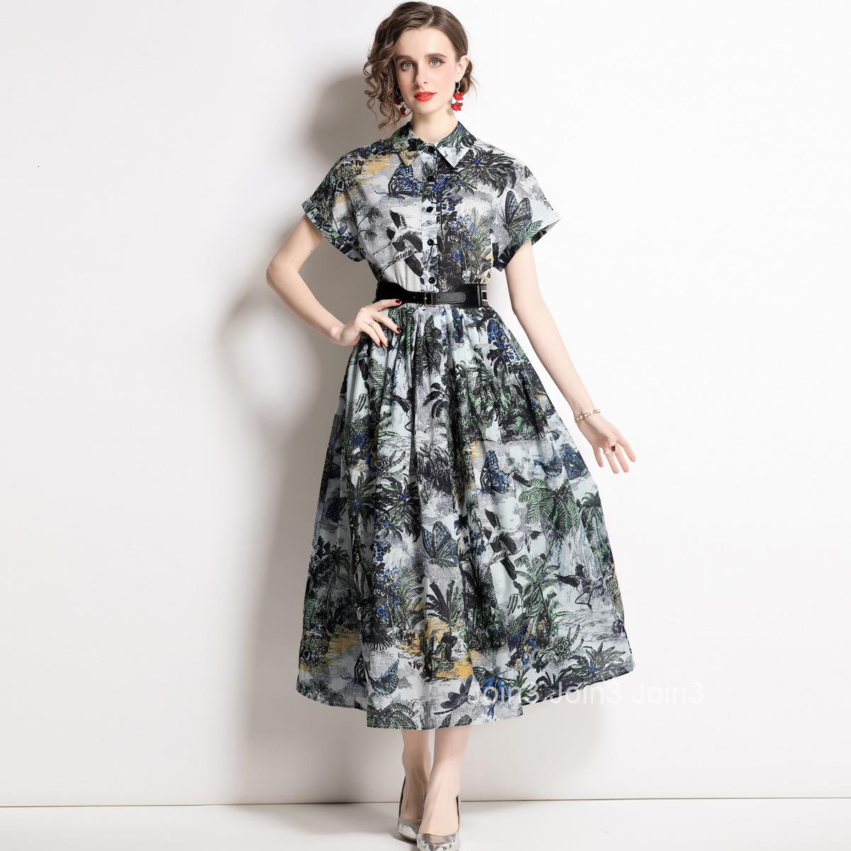 1875 Summer New Womens Fashion Turn-down Collar Short Sleeve Waist-cinching Printed Long Dress with Belt