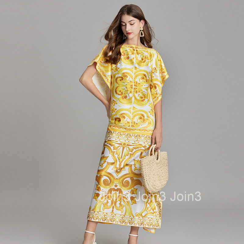 704 Summer New Product Gold Large Flower Loose Dress Bat Straight Tube Skirt