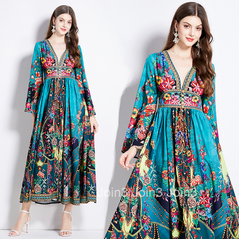 2537 Spring and Autumn New Womens Vacation Style Printed Elegant V-neck Long Sleeve Waist-cinching Flared Dress