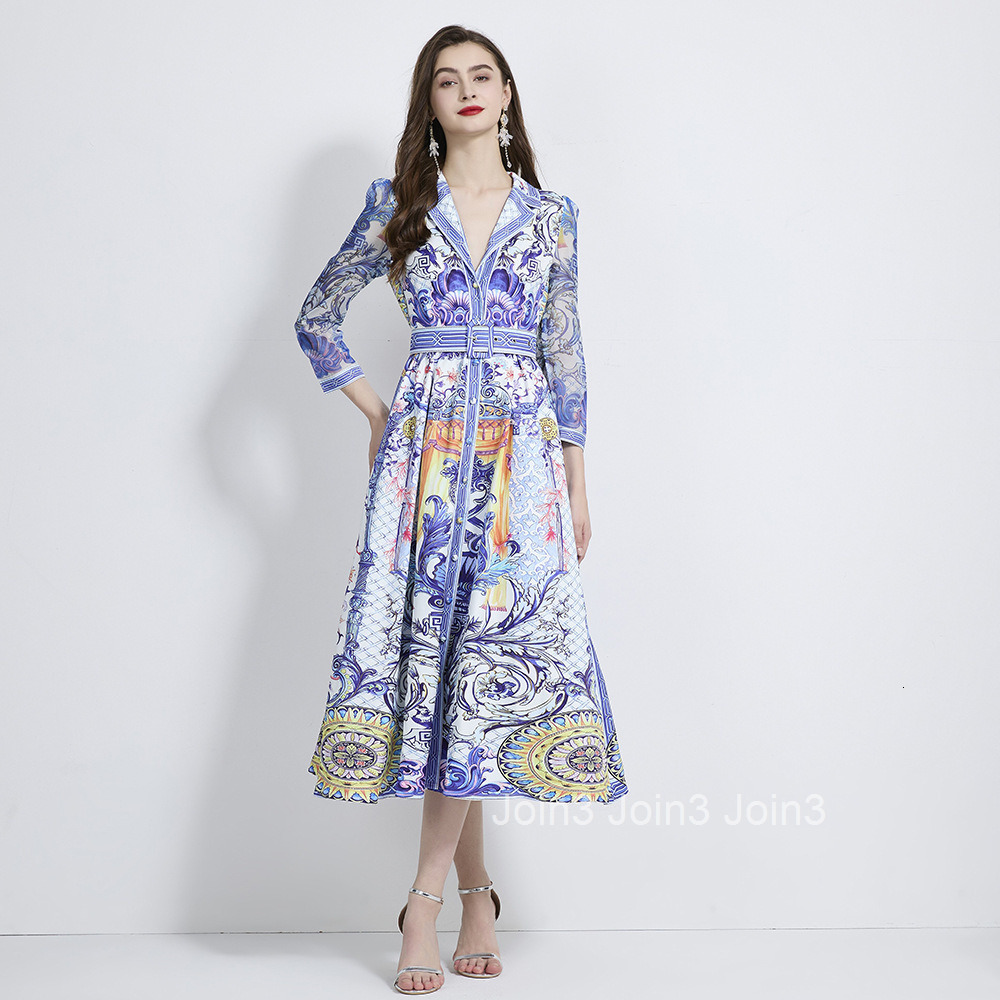 2107 Autumn New Womens Fashion Vacation Style Printed Blazer Collar Waist-Cinching Long Dress