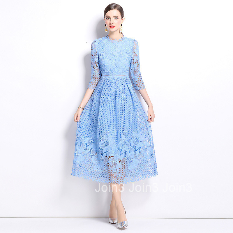 550 summer new womens clothing style mid long sleeved slimming hollow out water-soluble lace mid length dress