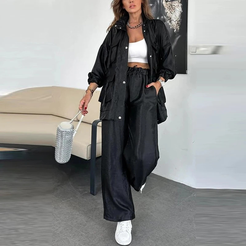 Women Casual Pockets Loose Sport Outfits Fashion Stand Collar Coats Long Pants Suits Elegant Long Sleeve Solid Color 2Pc Sets 250715