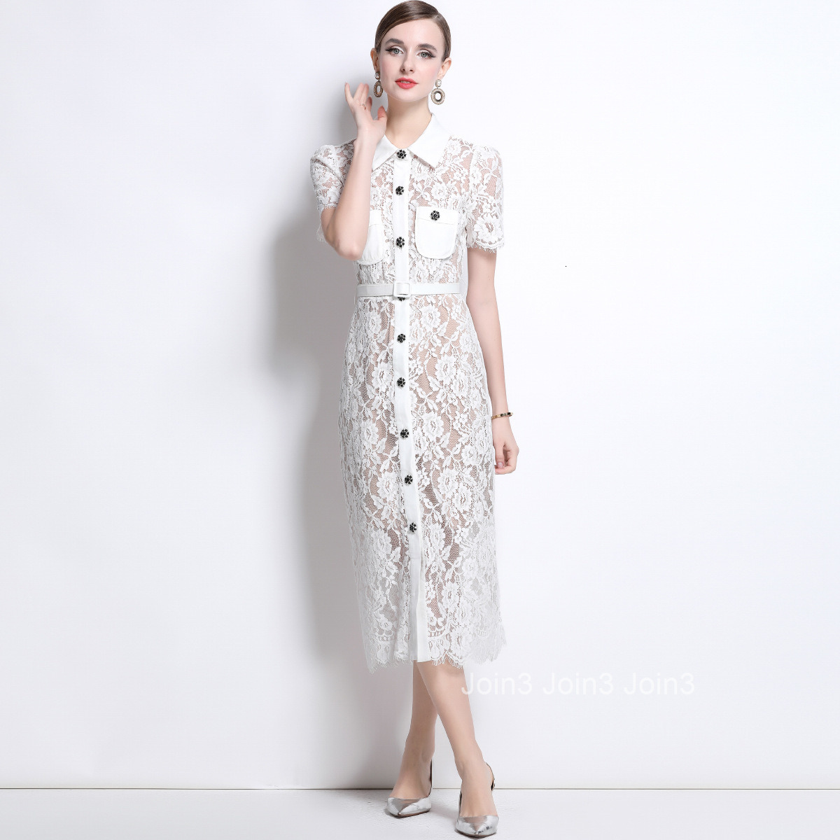 1693 Lace Collar Short Sleeve Single-Breasted Slim Fit Inner Layer Strap Dress with Belt