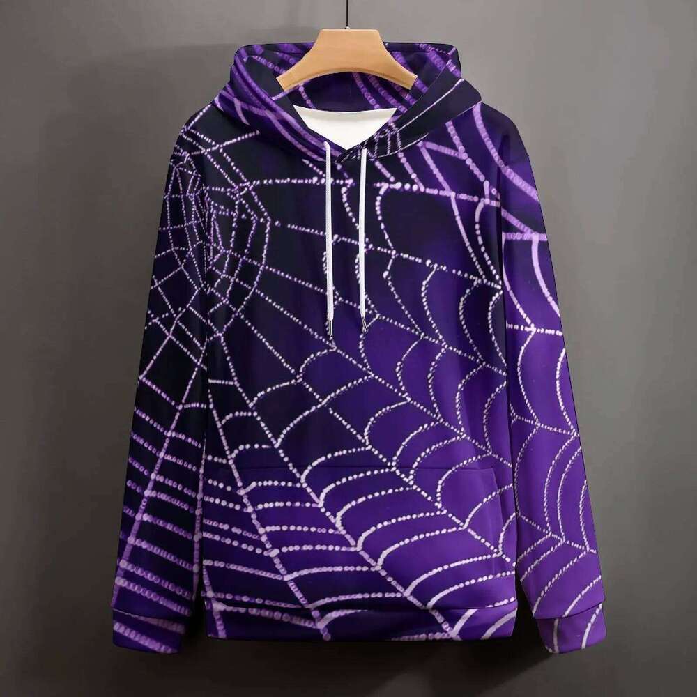 Halloween Loose Hoodies Purple Spider Web Aesthetic Hoodie Male Long Sleeve Oversized Streetwear Design Clothing