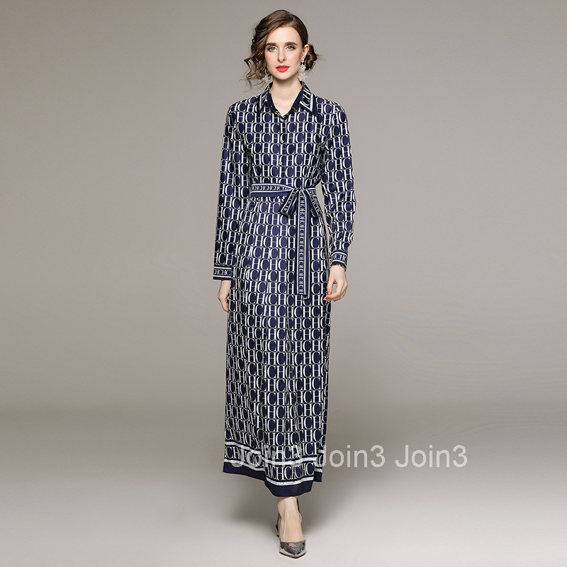 2028 Autumn New Womens Fashion Slim Waist Printed Dress