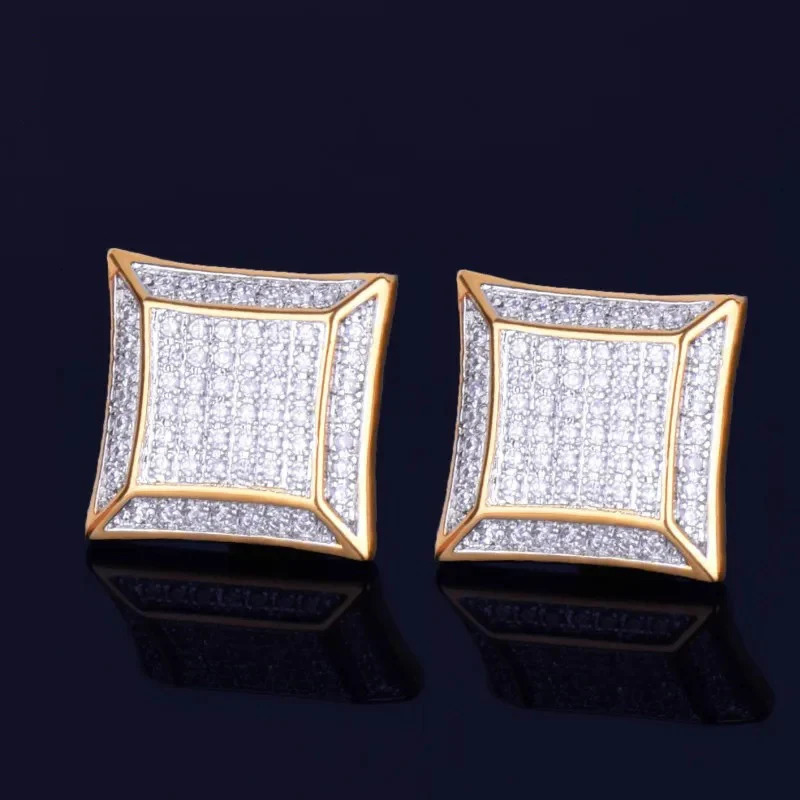 Hip Hop 5CZ Stone Bling Ice Out 15mm Geometric Square Stud Earrings for Men Rapper Jewelry Gold Silver Color Drop 250715