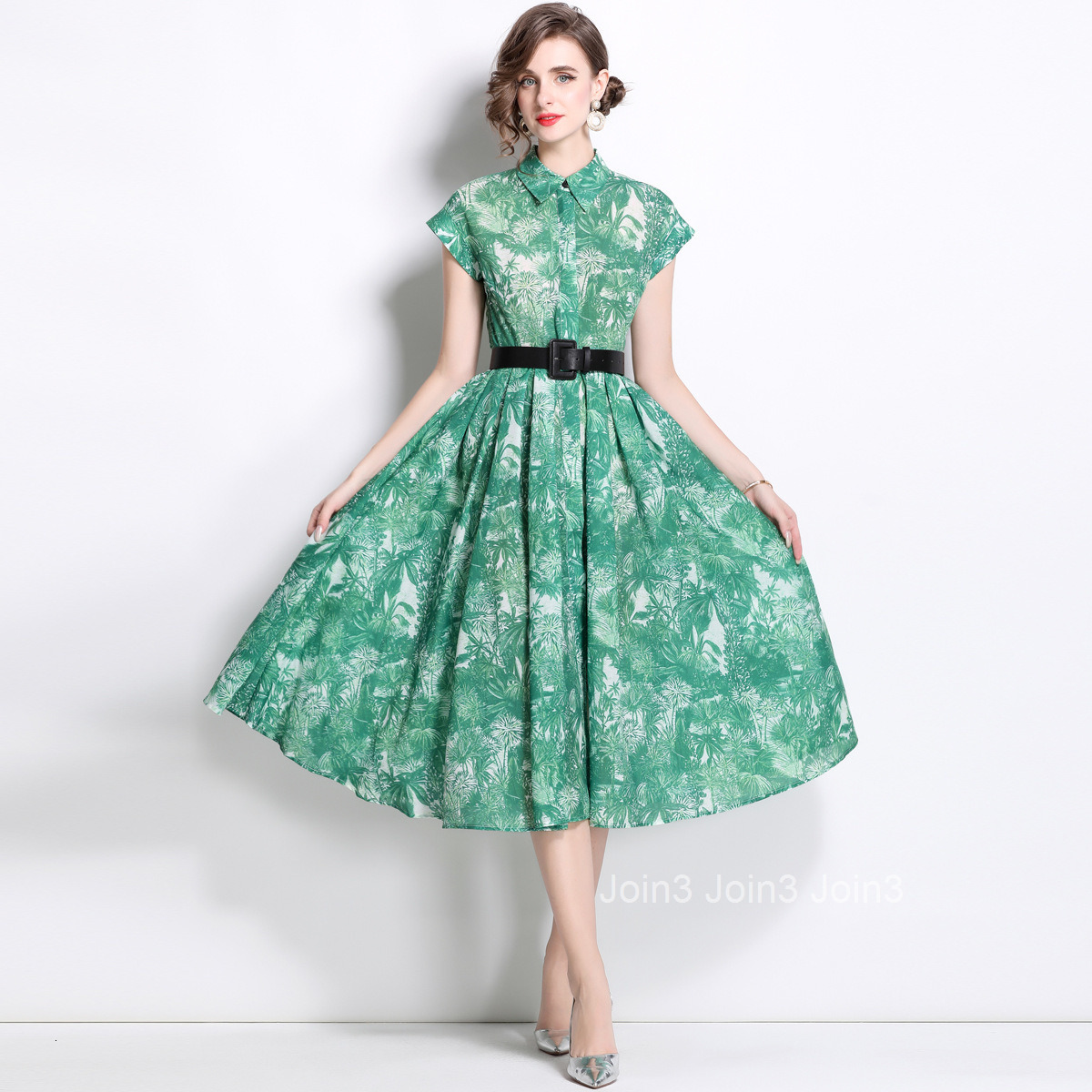 1664 Summer New Womens Printed Turn-Down Collar Short Sleeve Slim Mid-Length Dress with Belt