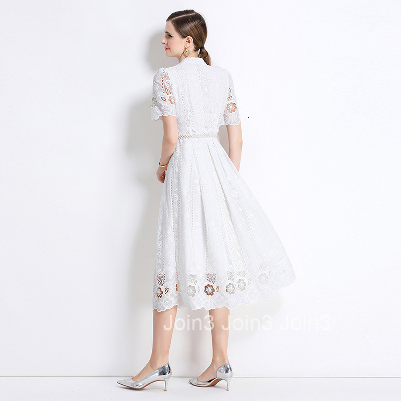 711 Mid-Length Sleeve Slimming Hollow Laser Embroidered Positioning Print Mid-Length Dress