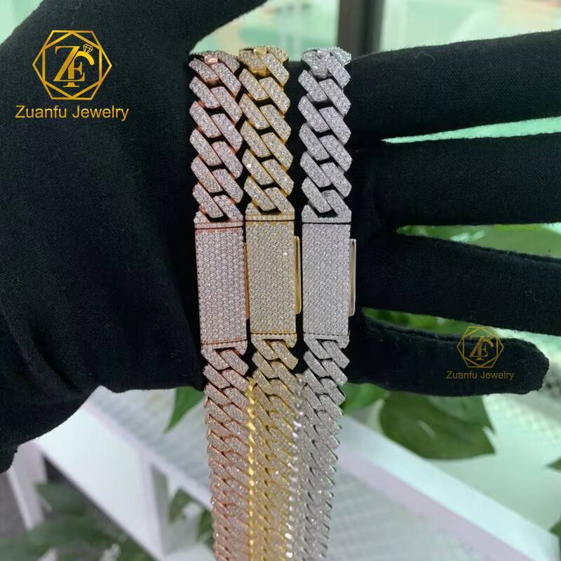 100% Pass Tester VVS Moissanite Diamond 12mm 15mm Wide 2Rows Sterling Silver Cuban Link Chain for Rapper Hip Hop Necklace