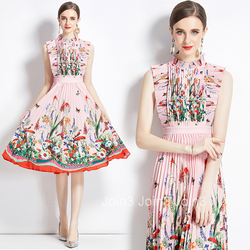 6539 New French Style Elegant Socialite High Waist Slimming Positioning Printed Pleated Dress