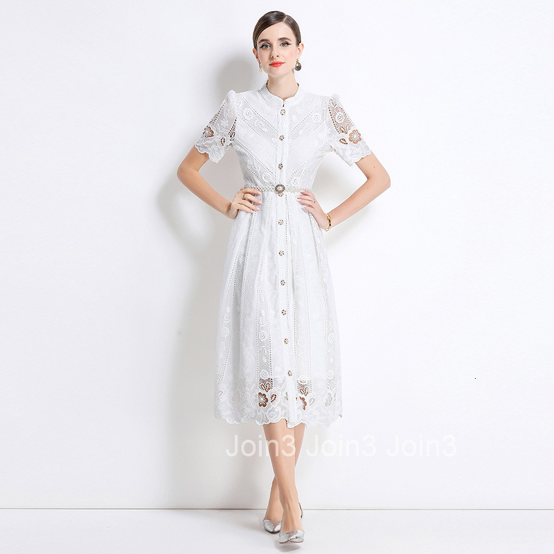 711 Mid-Length Sleeve Slimming Hollow Laser Embroidered Positioning Print Mid-Length Dress