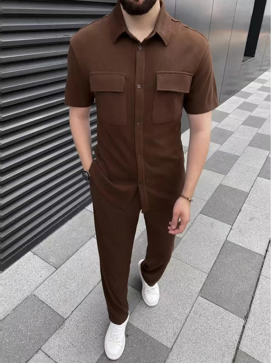 Mens Spring Summer Corduroy Short-Sleeved Shirt And Long Pants Set Casual Lapel Button Pocket Fashionable Two-Piece Outfit 250715
