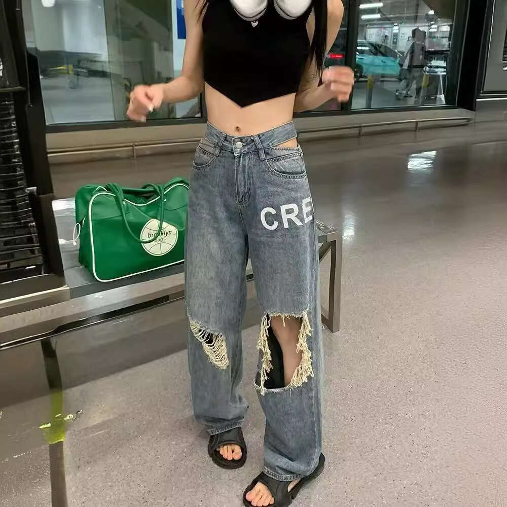 Ripped Jeans for Women, Thin Style, Ins Trend, Summer 2024 New Design, Unique High-Waisted Wide-Leg Floor-Length Pants
