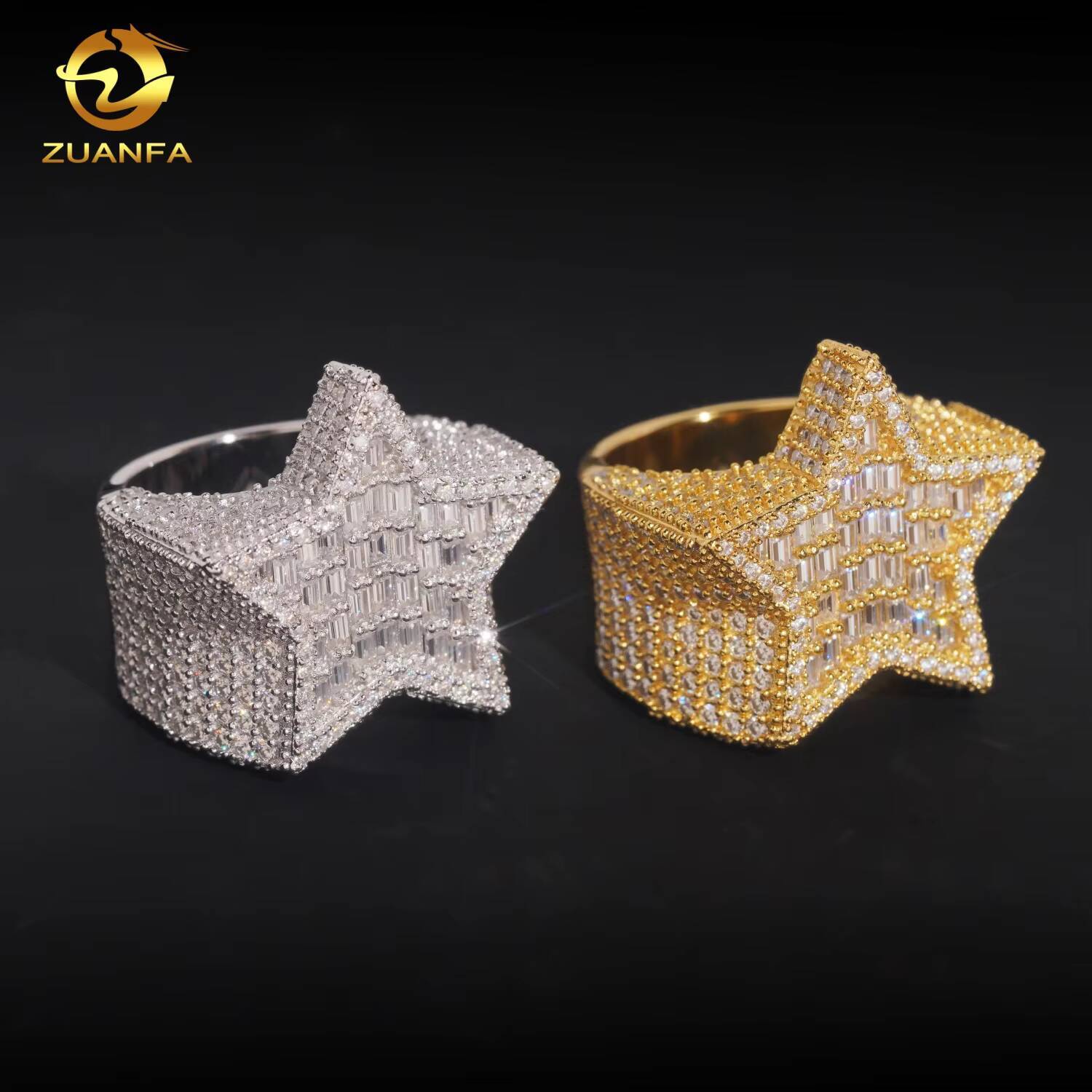 Iced Out Star Shape Design Ring Baguette Hip Hop Rapper Jewelry Full With VVS Moissanite Diamond 925 Silver Men Ring