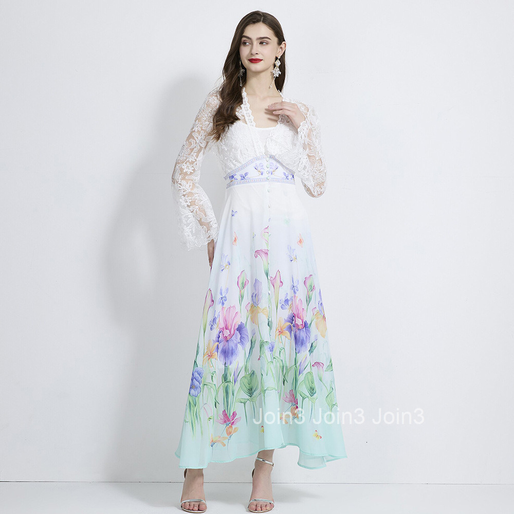 2105 Autumn New Womens Vacation Style V-Neck Flared Sleeve Lace Patchwork Printed Dress Two-Piece Set