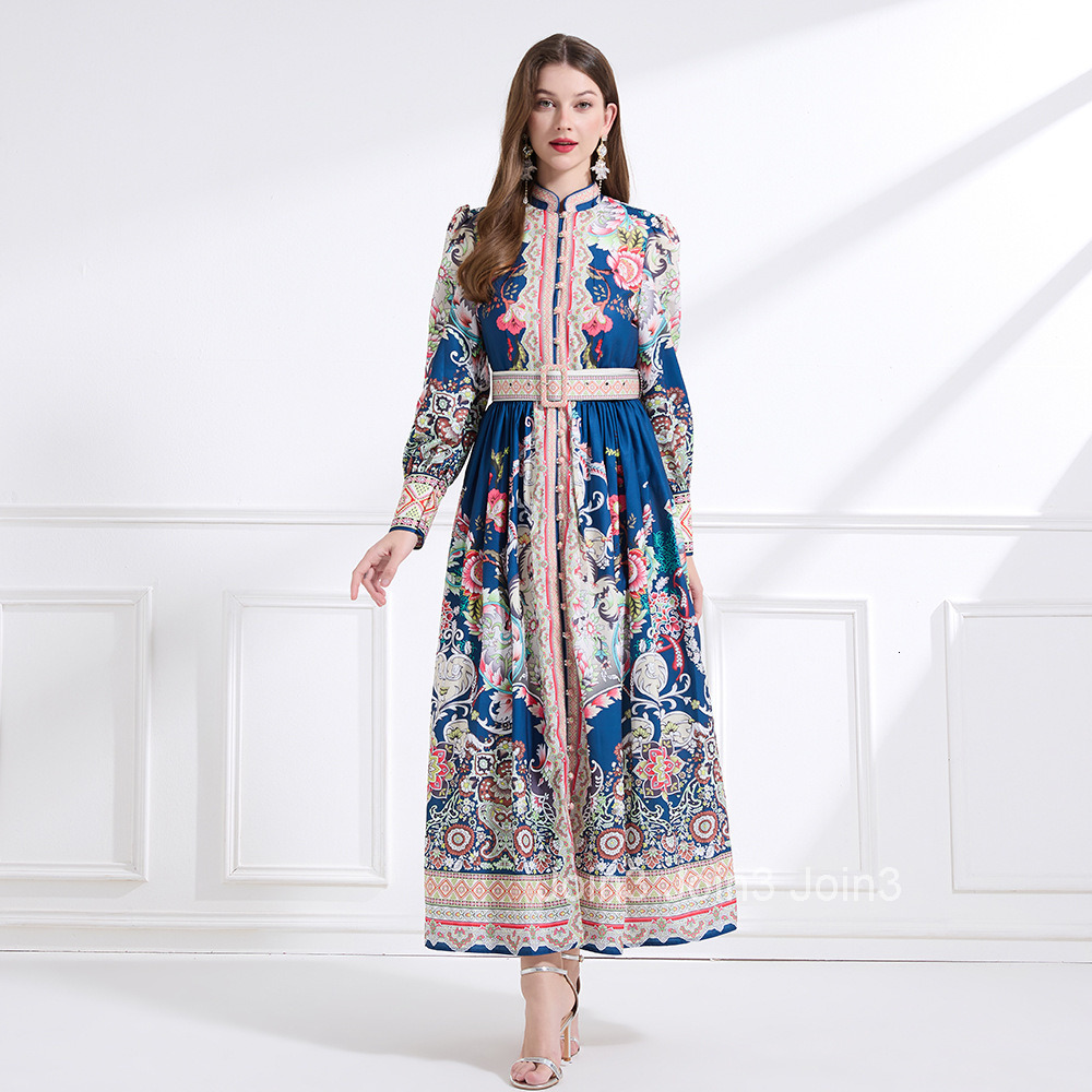 2175 Spring New Womens Clothing Elegance Style Stand Collar Printed Lantern Sleeve Long Dress