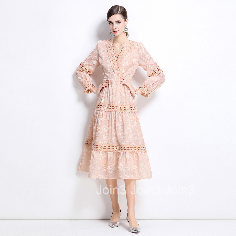 6970 Spring New Heavy Embroidery Hollow Out Button Slim Fit Mid-Length Lantern Sleeve Gown Elegance Style Dress