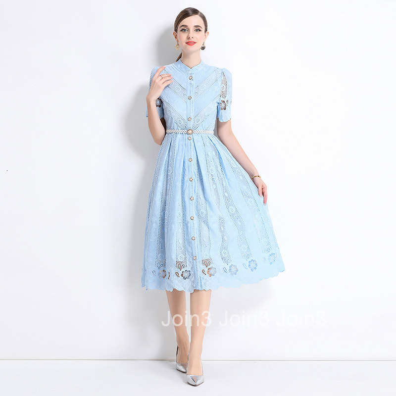 711 Mid-Length Sleeve Slimming Hollow Laser Embroidered Positioning Print Mid-Length Dress
