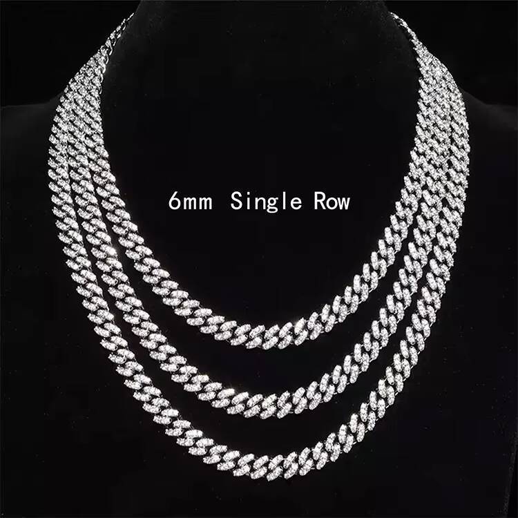 Fashion Hiphop Jewelry S925 Sterling Chain 6mm Wide Single Row Moissanite Cuabn Link Chain