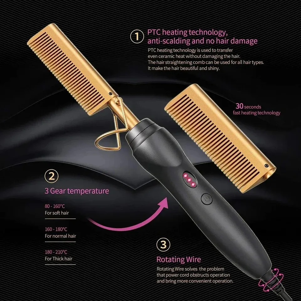 Ceramic Heating Hair Straightener Comb Ceramic Coating with 3 Heat Levels Anti-Frizz for Natural Hair Beard Wigs and Curling 250717