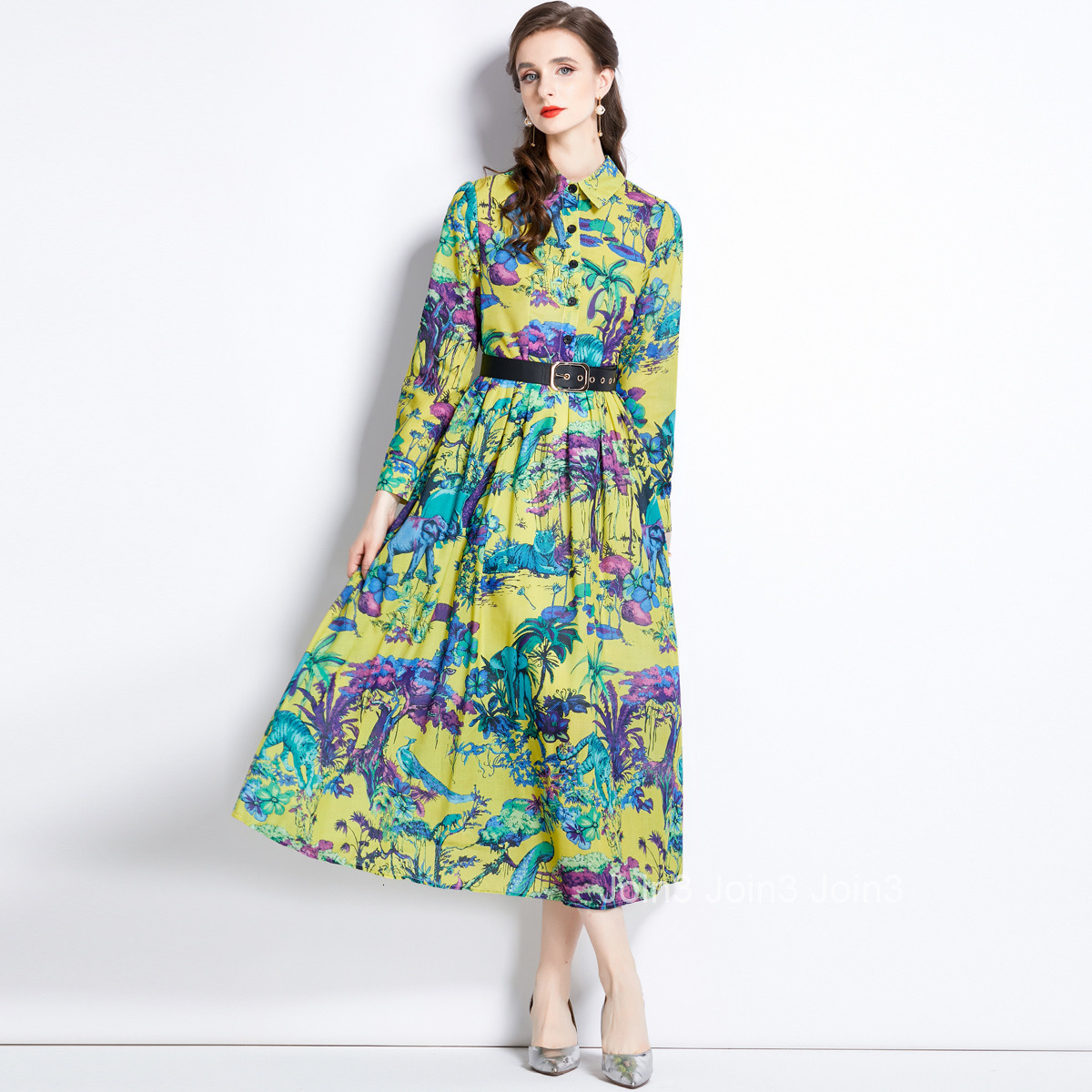 1605 Autumn New Womens Polo Neck Print Waist Wrap Long Dress (with Belt)