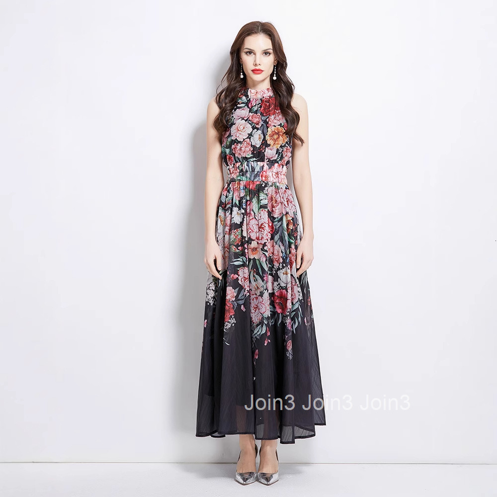 2747 Spring Summer Vacation New Oil Painting Flower Print Halter Neck Long Dress