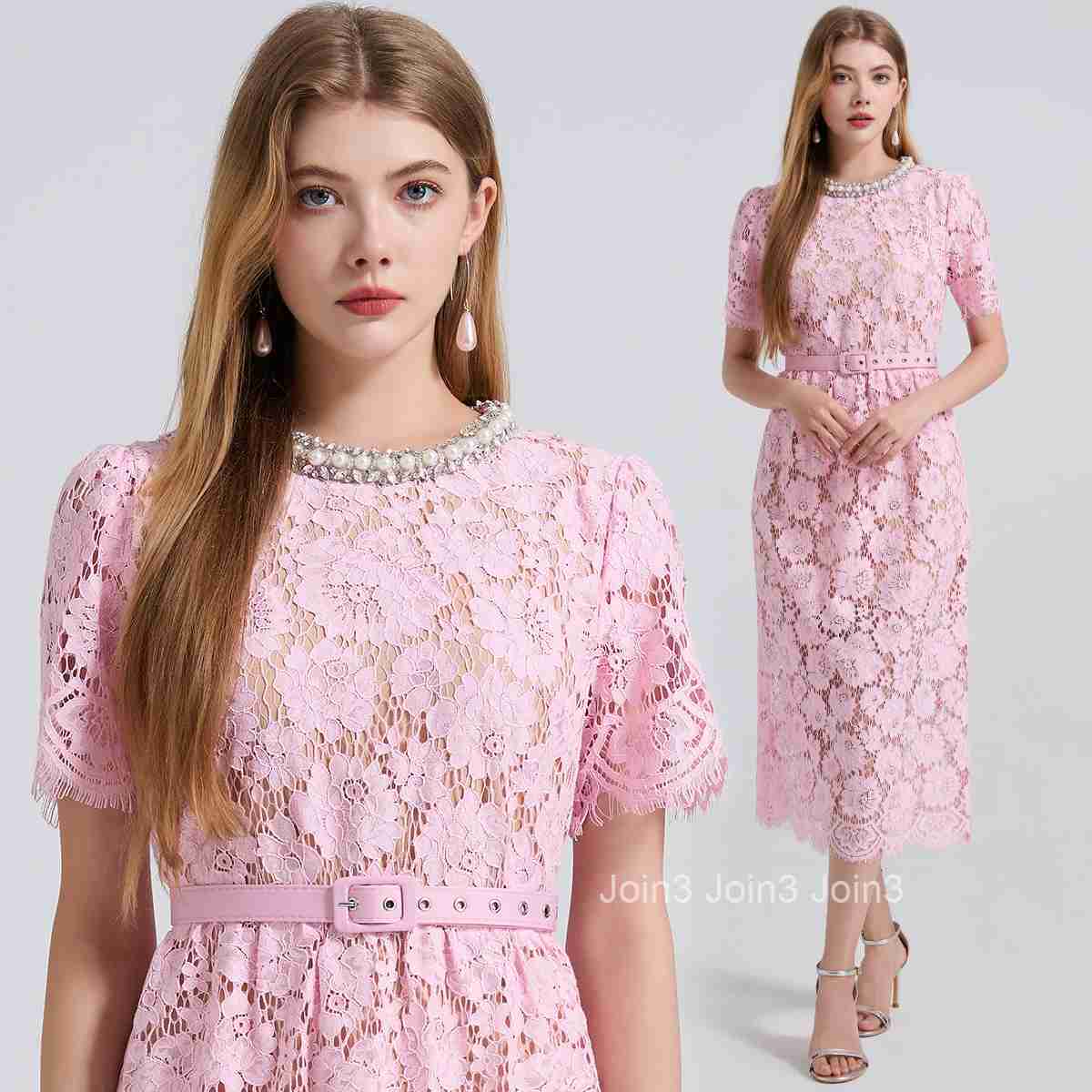 796 Pink Lace Round Neck Rhinestone High Waist Slim Fit Dress Bodycon Eyelash Dress
