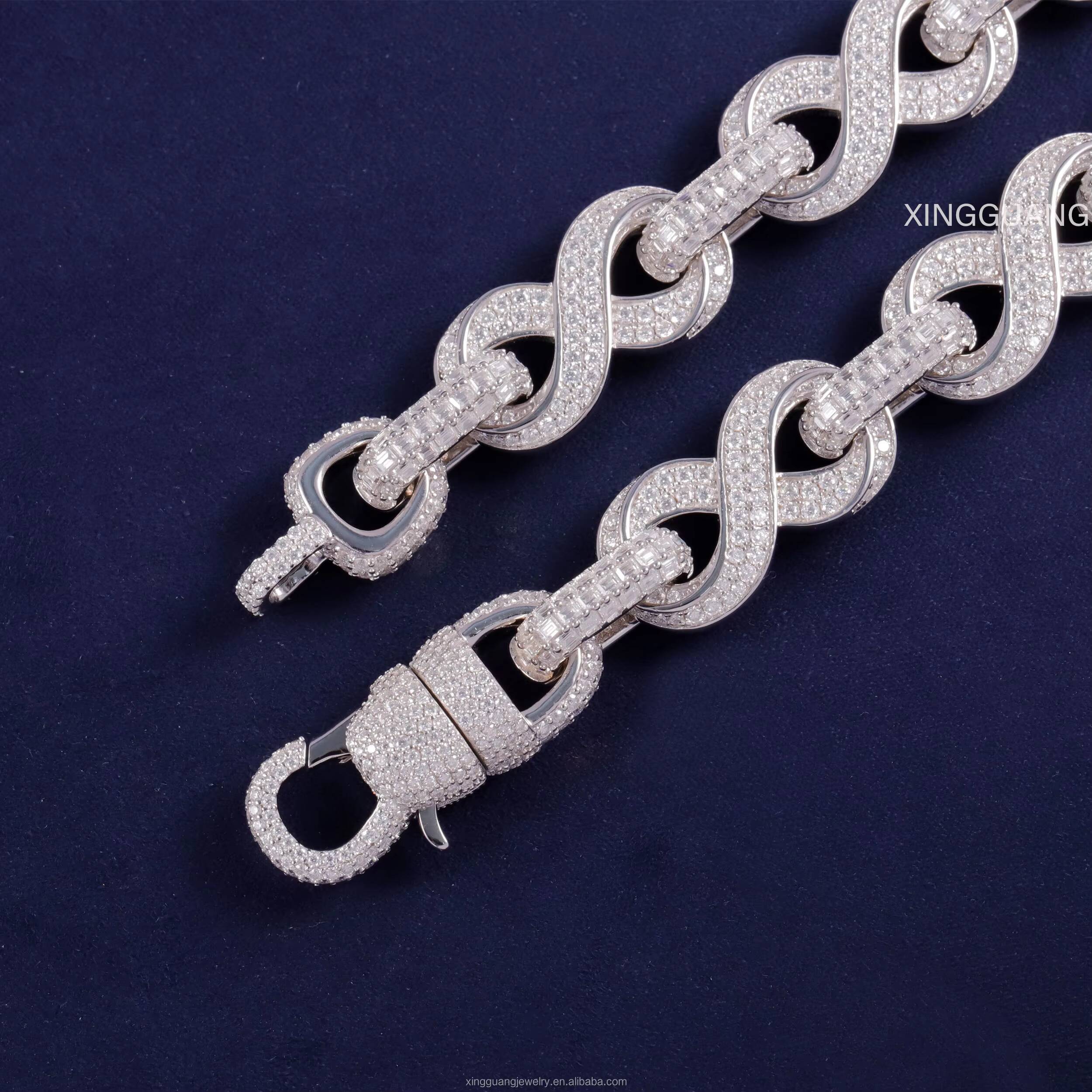 NEW Design Iced Out VVS Diamond 925 Sterling Silver Gold Plated Baguette Moissanite Cuban Chain Necklace for Hip Hop Jewelry