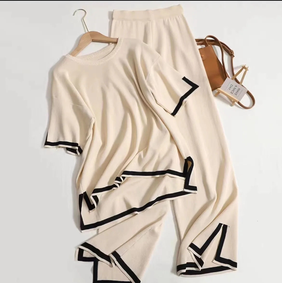 Women Two Piece Set Knit Sweater Suit Short Sleeve Round Neck Tops Loose Wide Leg Pants Solid Splice Midi Waist Casual 250714