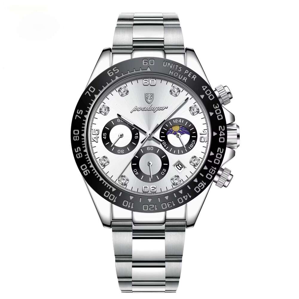 DHwatches Men's Multifunction Quartz Watch - Luminous, Moon Phase, Chronograph, 50M Waterproof, Stainless Steel Band, Sporty Wristwatch