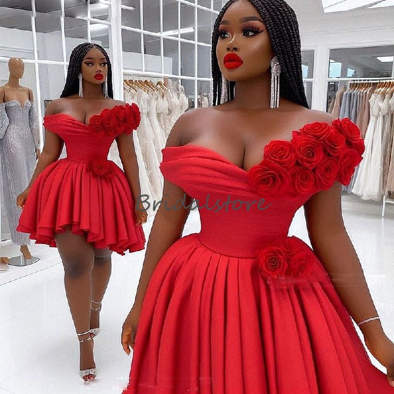 Sexy Red Black Girls Prom Dress With Rose Flowers Mini Short Aso Ebi Evening Dress Nigeria African Cocktail Birthday Dress Vestio De Fiesta 2025