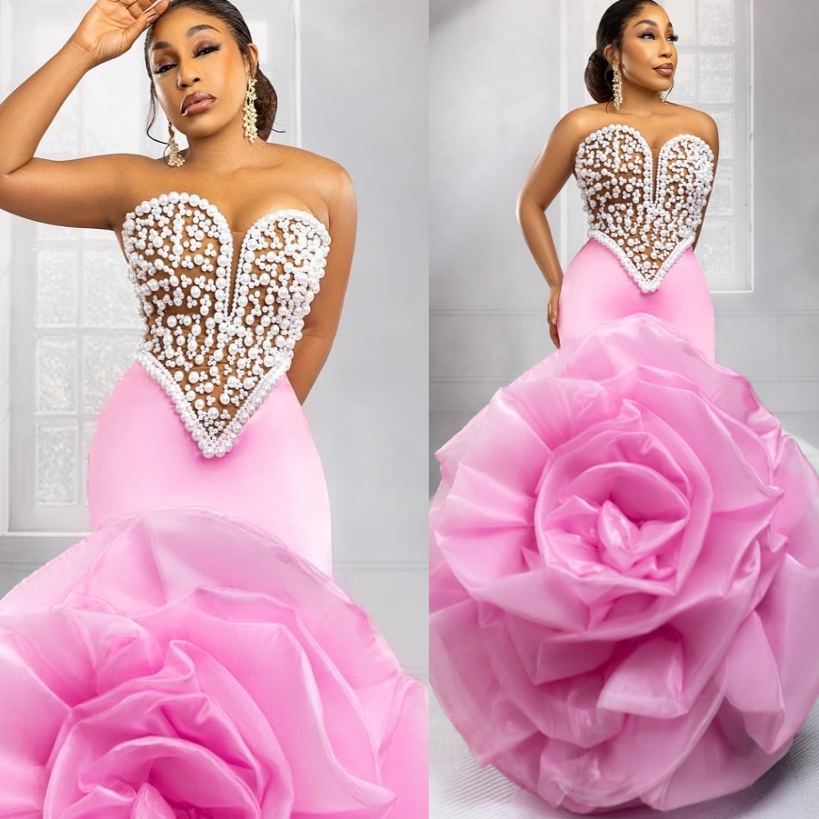 Pink Mermaid Prom Dresses 2025 Pearls Flowers Satin Elegant Evening Formal Party Second Birthday Engagement Gowns Plus Size Dress For Special Occasion