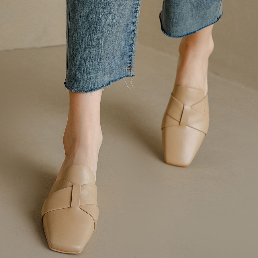 Designer sandals Designer sandals French Style Square Toe for Women, Fashionable Chunky Mid Heel Apricot Mules, Summer Mules