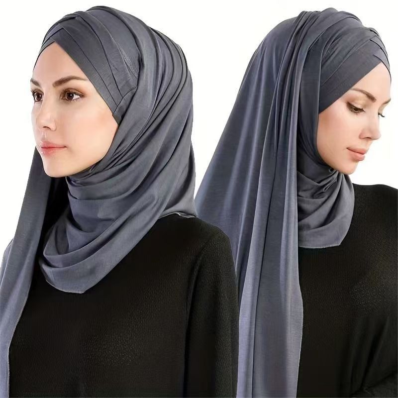 T1270 New Mercerized Cotton Three-layer Cross Brim Tie Single Color Long Scarf Shawl Hijab