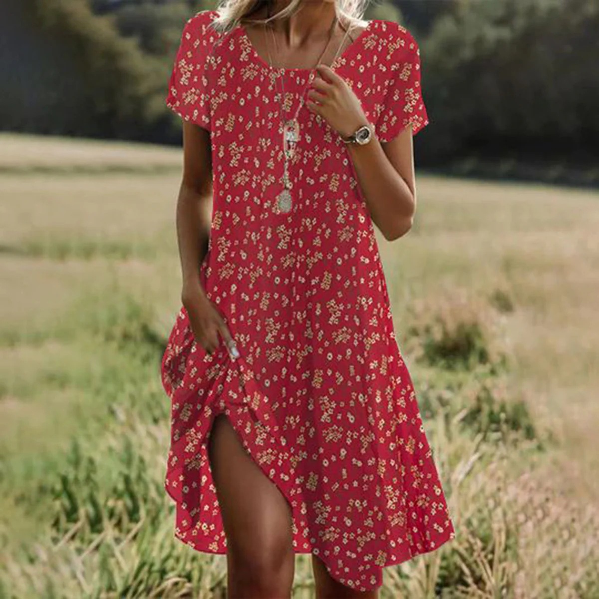 H720Summer hot sale literary folk style large round neck mid-length dress