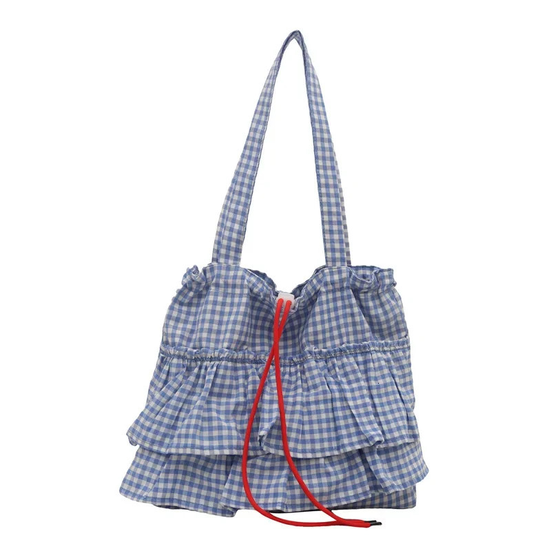 Casual Ruffles Womens Drawstring Shoulder Bags Commute Simple Ladies Plaid Tote Shopping Bag Large Capacity Handbags 250717