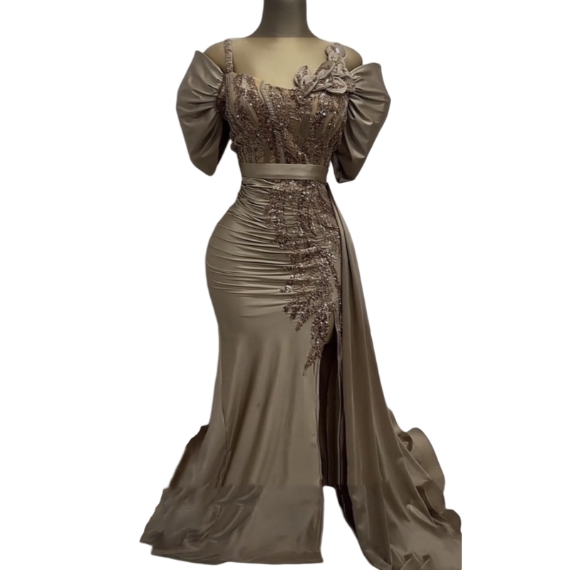 Brown Mermaid Evening Dresses Side Slit Off Shoulder Formal Party Gown Lace Appliques Satin Elegant Prom Dress For Women