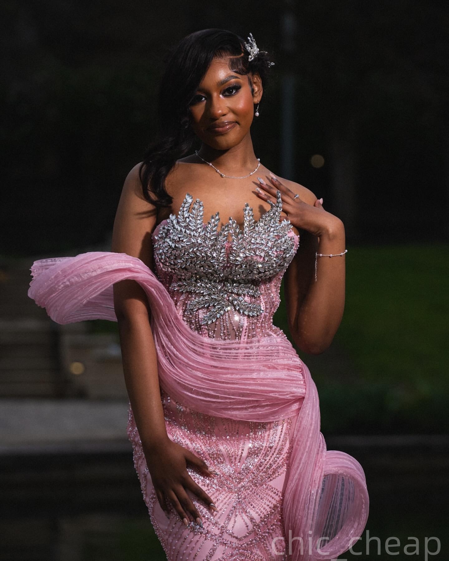 Pink Mermaid Prom Dresses 2025 Crystals Sparkly Sequined Stylish Evening Formal Party Second Birthday Engagement Gowns Plus Size Dress For Special Occ