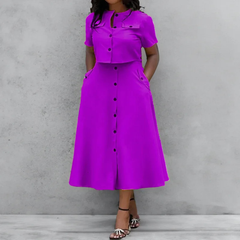Women Top Skirt Sets Summer Short Sleeve O-Neck Button Shirt Midi Skirts Two 2 Piece Setss Elegant Office Ladies Suits 250714