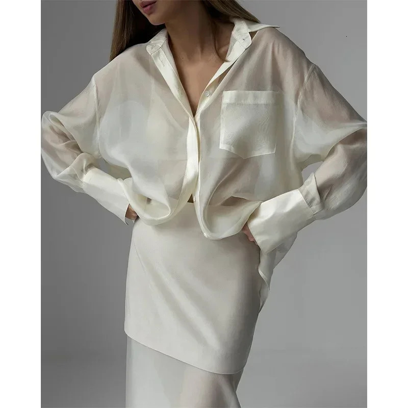 Womens Clothing Autumn Mercerized Mesh Lapel Long-sleeved Shirt High-waisted Splicing Skirt Two-piece Set 250714